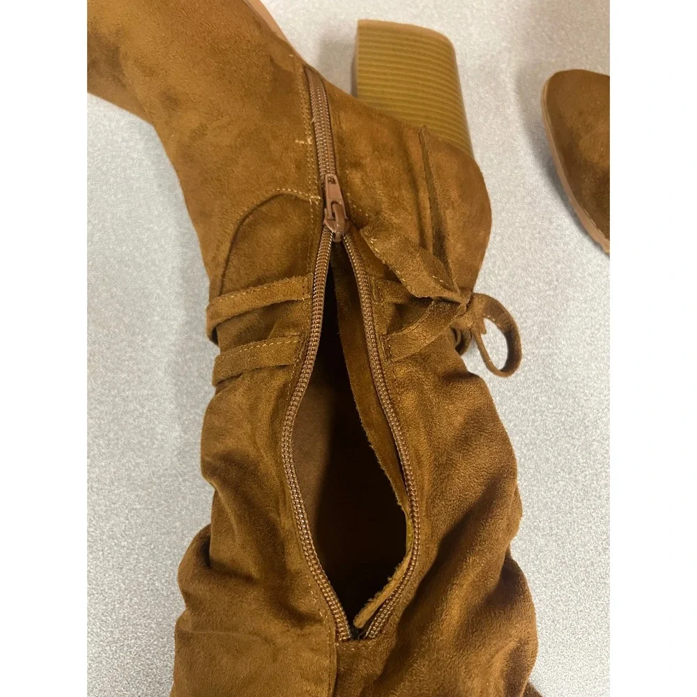 Loki Cognac Faux Suede Slouchy Over The Knee Pointed Toe Block Heel Boots Size 9
